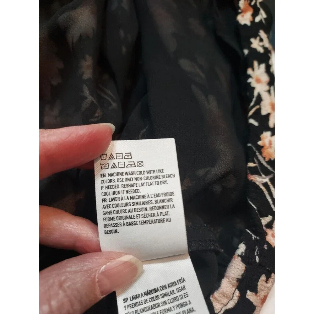 American Eagle Babydoll Dress Mini Short Tie Back Puff Sleeve Black Floral S‎